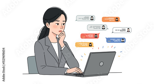 Woman engaged in online communication and digital collaboration at work vector illustration