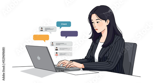 Businesswoman engaging in online communication with clients for professional networking vector illustration