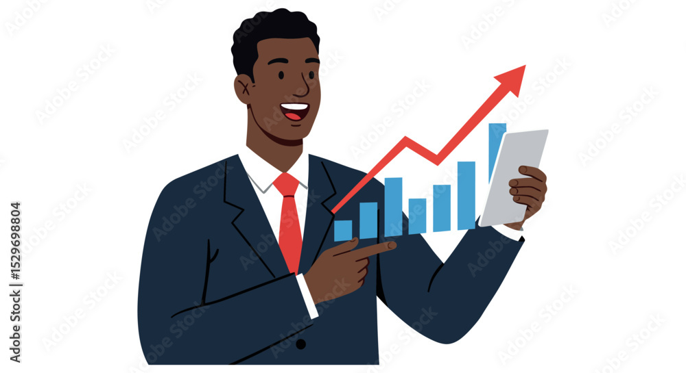 Businessman analyzing and presenting financial growth with chart and arrow vector illustration Businessman analyzing and presenting financial growth with chart and arrow vector illustration