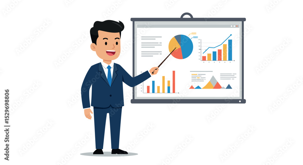 Business presentation concept with professional presenting financial graphs and charts vector illustration Business presentation concept with professional presenting financial graphs and charts vector illustration