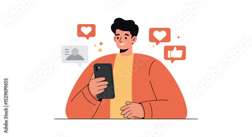 Young man engaging with social media on smartphone - digital interaction and online communication vector illustration