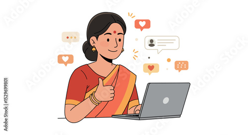 Woman in traditional sari giving thumbs up while using laptop for online communication vector illustration