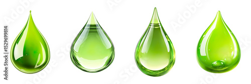 Collection of detailed organic rounded green drops, isolated on a transparent background