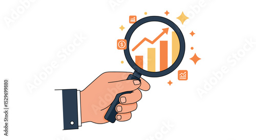 Business growth analysis hand holding magnifying glass with rising chart for financial insights vector illustration