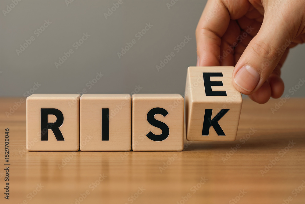Naklejka premium Risk and Opportunity Concept – Hand Flipping Wooden Block to Change Word Risk into Rise