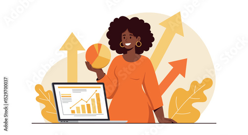 Business growth and analytics concept with smiling professional and laptop for marketing design vector illustration