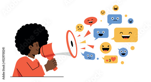 Expressive communication with megaphone and colorful emoji speech bubbles vector illustration