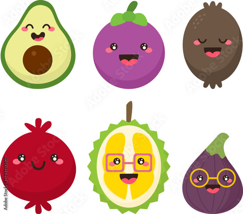 Cute Cartoon Fruits Avocado, Mangosteen, Kiwi, Pomegranate, Durian, Fig.