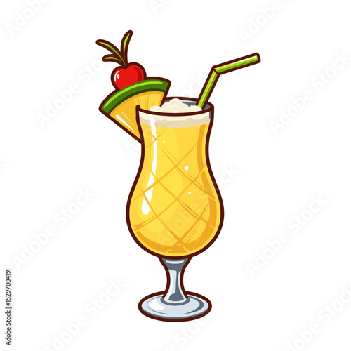 Pina colada cocktail with cherry and pineapple garnish in glass  