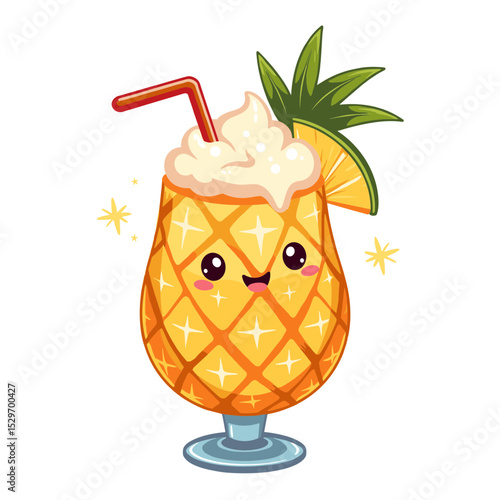 Cute pina colada cocktail with straw and whipped cream decoration