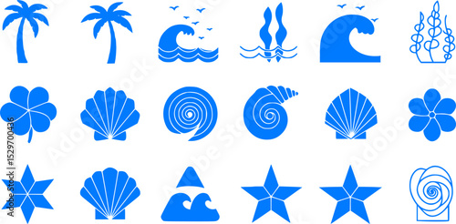 Set of Blue Tropical and Sea Icons: Palm Trees, Waves, Seashells, Starfish and More