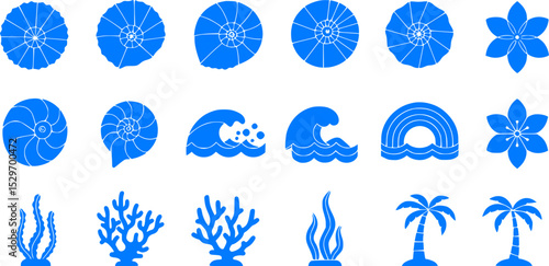 Vector set of blue nautical and beach icons