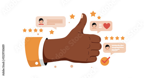 Positive feedback and social interaction concept with thumbs up and communication icons vector illustration