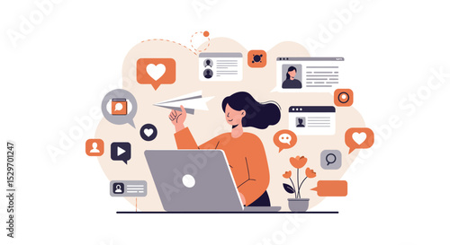 Digital communication and social media interaction with laptop and network connections vector illustration