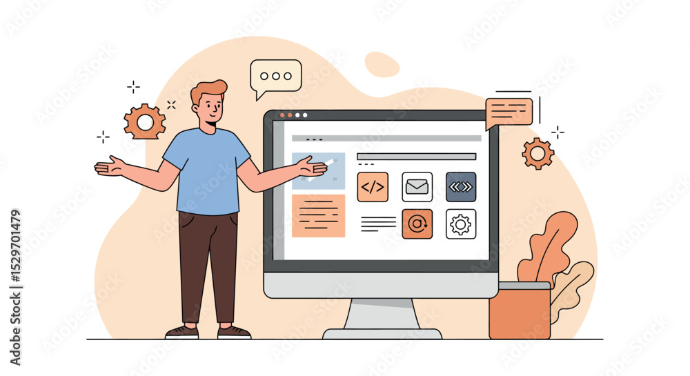 Fototapeta premium Web development concept with programmer and computer interface design elements vector illustration