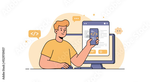 Web developer creating mobile-friendly application interface for cross-platform compatibility vector illustration