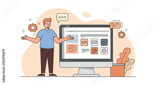 Web development concept with programmer and computer interface design elements vector illustration