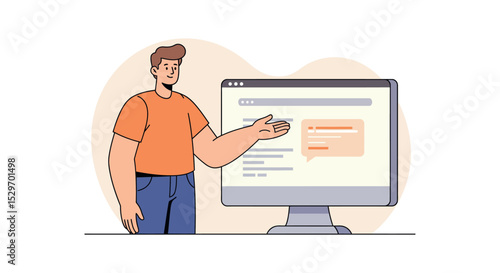 Man presenting digital content on computer screen for online education and tutorials vector illustration
