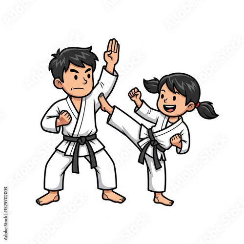 Cartoon Teenage Boy and Girl Practicing Karate Vector Illustration