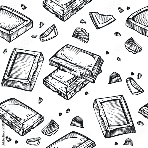 Chocolate, chocolate slices and pieces, chocolate bar, all objects are hand drawn in vector in dark gray. Seamless vector pattern. Suitable for printing on fabric, paper, for packaging goods.