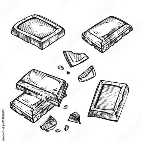Set of vector illustrations. Chocolate bar, chocolate pieces and slices, crumbs, all objects are hand drawn in vector in dark gray. Suitable for printing on fabric, packaging of goods, products.
