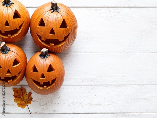 Four carved jack-o'-lanterns arranged on a white wooden surface, accompanied by a single autumn leaf, leaving ample space to the right