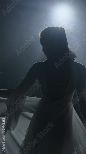 Silhouette dancer woman performing dance in fog. Graceful dances in flowing dress in point light in smoke.