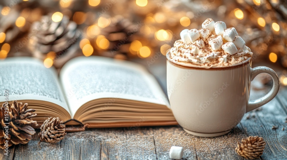 Fototapeta premium Open book beside warm cocoa drink