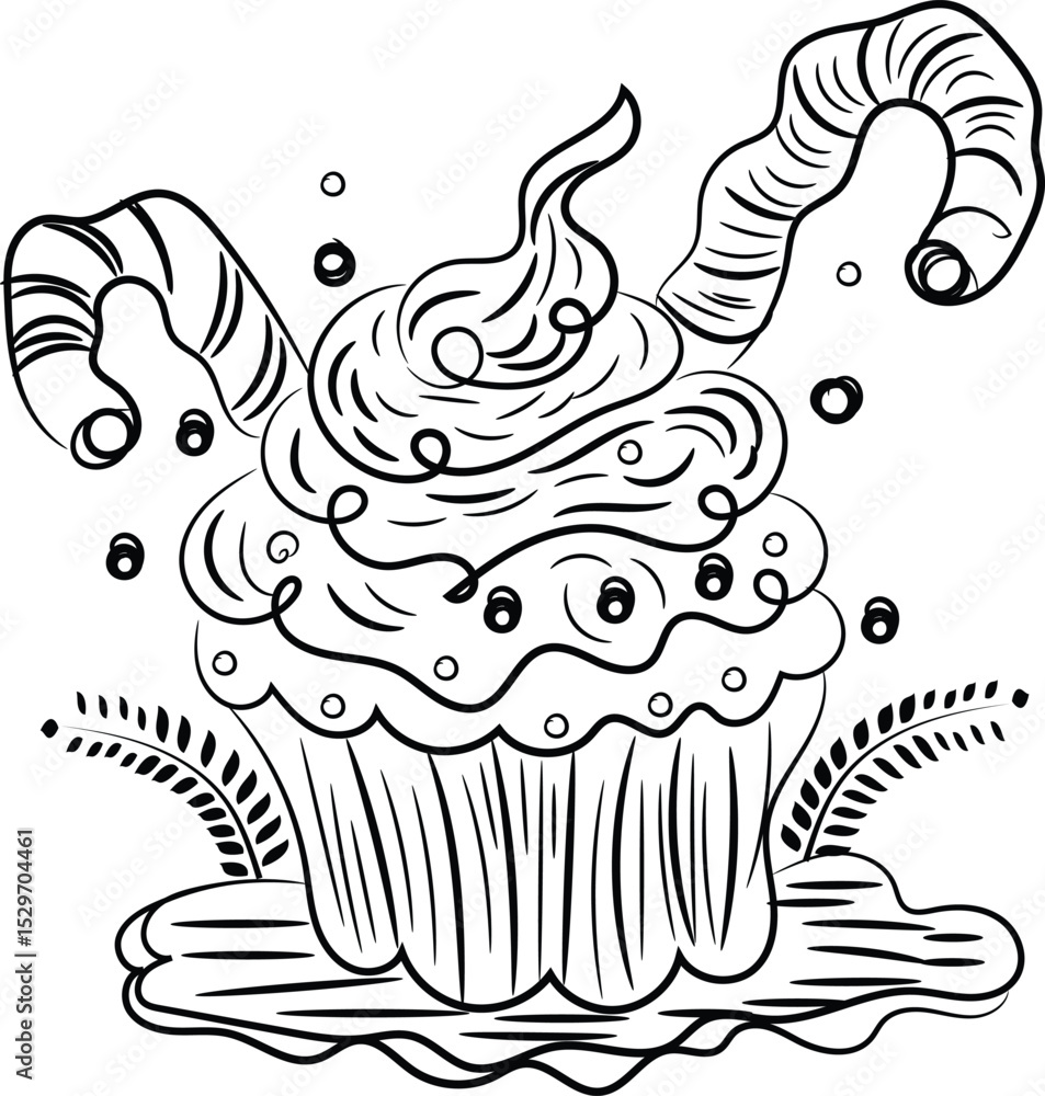 Fototapeta premium Whimsical Cupcake Illustration with Candy Canes and Sprinkles Perfect for Coloring Books and Sweet Treat Designs Black and White Line Art Style