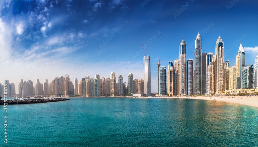 Naklejka premium jumeirah beach residence dominating dubai marina skyline on sunny day