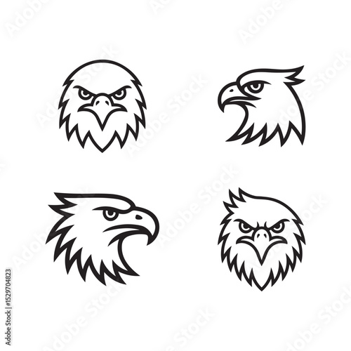 a bold black outline vector illustration set of eagle head on white background