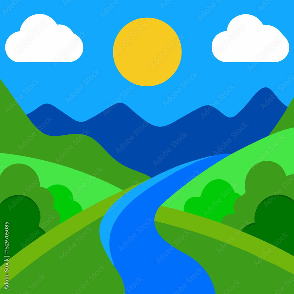 Fototapeta premium Minimalist green valley with river under blue sky variation vector illustration