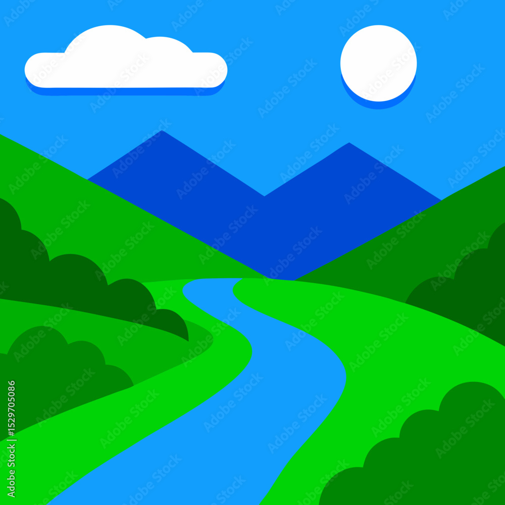 Obraz premium Minimalist green valley with river under blue sky variation vector illustration