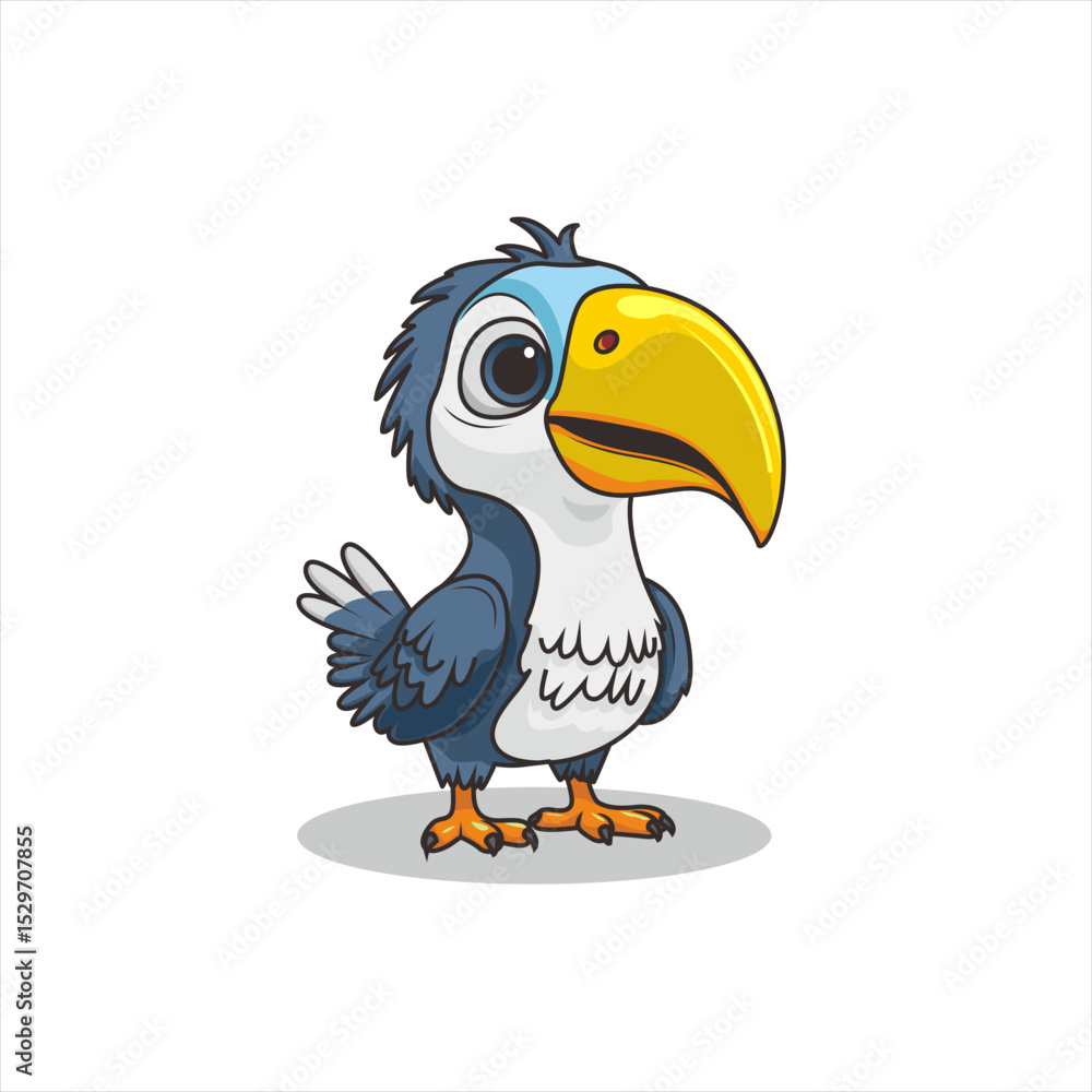 Obraz premium Cartoon-style toucan character with a large yellow beak, blue feathers, and white chest. This cheerful bird illustration is ideal for children’s books, tropical themes, and branding.
