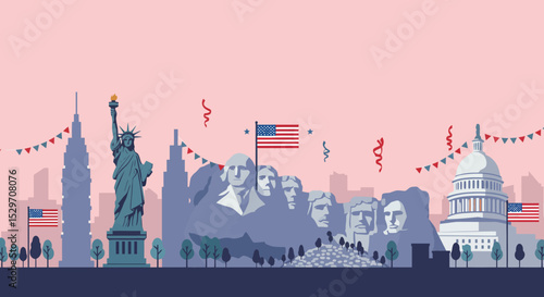 Celebrating America's Independence Day A 4th of July USA Landmark Panorama, Iconic Monuments and Symbols of American Freedom