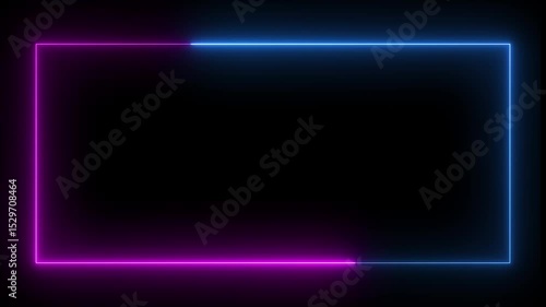 rectangle frame icon animation glowing neon pink and blue color bordar frame display box round shape retro screen photo frame rotation seamless footage line movement on black background