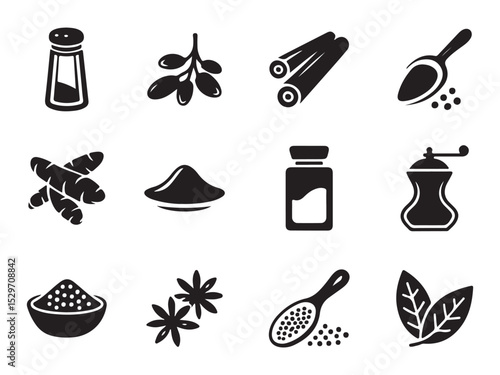 set of twelve icons depicts various spices and herbs in a simple, stylized black and white format vector art on white