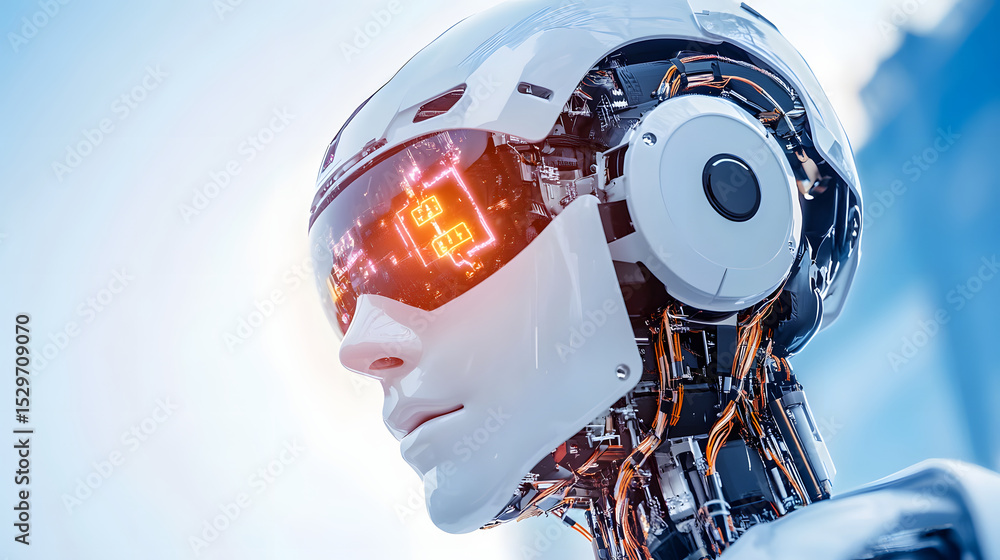 Fototapeta premium Futuristic robot head with reflective visor, exposed wiring, and advanced technology, artificial intelligence concept, innovation and modern design