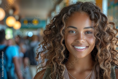 A young woman with beautiful curly hair smiles warmly, set against a vibrant and lively background filled with people enjoying their day in a sunny environment.
