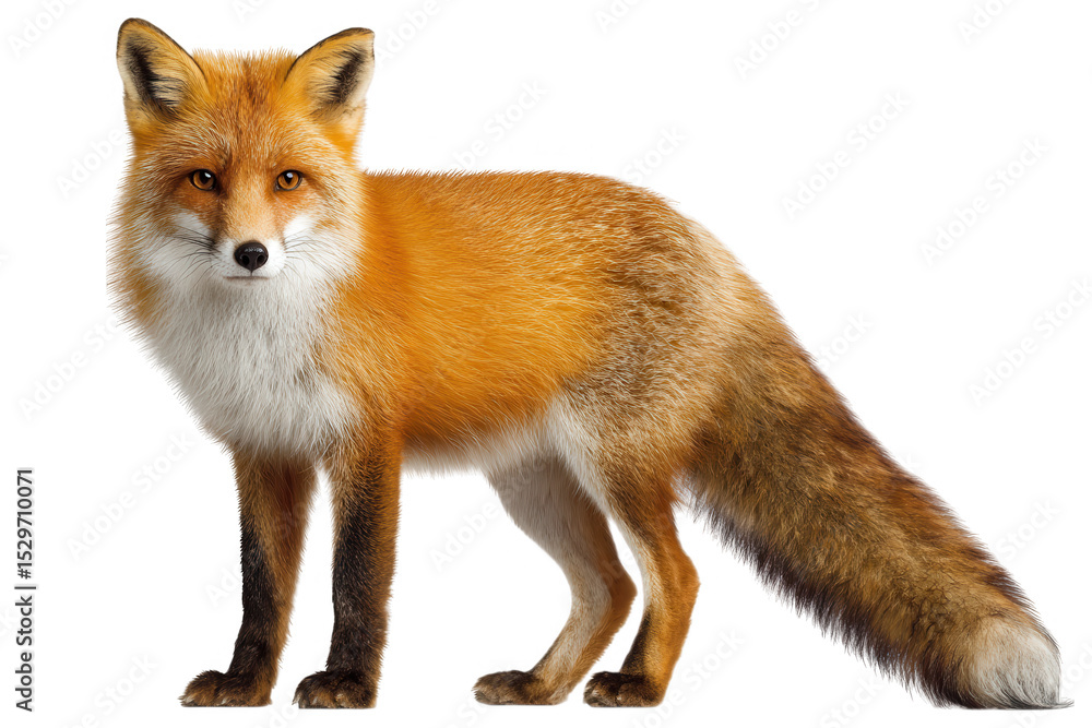 Obraz premium A full body shot of a red fox standing against a Transparent Background looking directly at the viewer