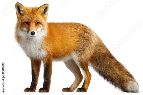 A full body shot of a red fox standing against a Transparent Background looking directly at the viewer