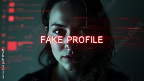 A young woman with dark hair, looking concerned in a dimly lit setting, with the text 'FAKE PROFILE' overlayed in red.