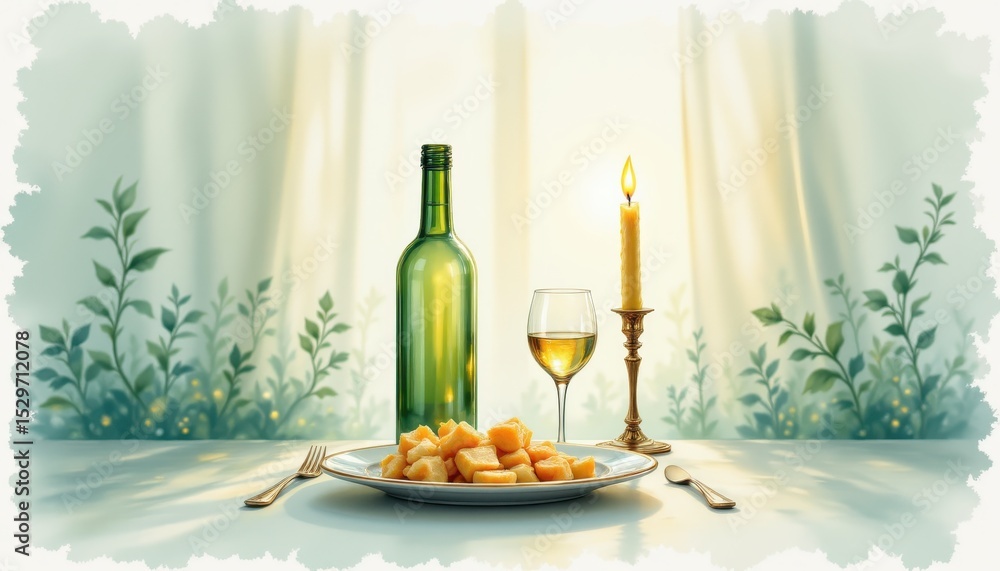 Fototapeta premium a charming watercolor vignette of a charming candlelight dinner, in a gentle and intimate watercolor style, with soft jade and champagne hues, painted on textured paper, subtle strokes