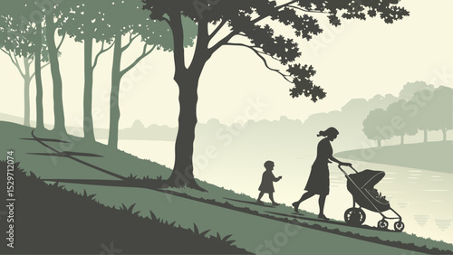 A serene scene of a father and son walking in nature, a silhouette of their bond against the sky