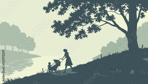 Love blooms as a couple, silhouetted against the sunset, enjoys a romantic walk through nature's landscape with their child and dogLove blooms as a couple, silhouetted against the sunset, enjoys a rom