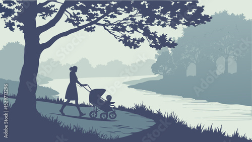 Family cycling silhouette in park with trees, a vector illustration of people on bikes