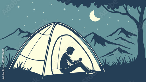 Cartoon illustration of a boy camping at night in the mountains under a starry blue sky