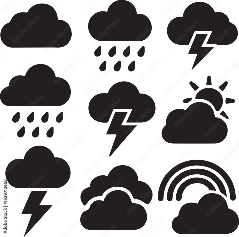 Weather Icons Set Sun, Rain, Clouds, Thunderstorms, and Rainbow Illustrations - Perfect for Mobile Apps and Websites Weather Icons Set Sun, Rain, Clouds, Thunderstorms, and Rainbow Illustrations - Perfect for Mobile Apps and Websites