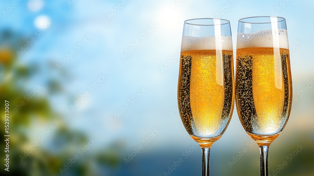 Two Glasses of Sparkling Champagne against a Blurred Sunny Background Two Glasses of Sparkling Champagne against a Blurred Sunny Background