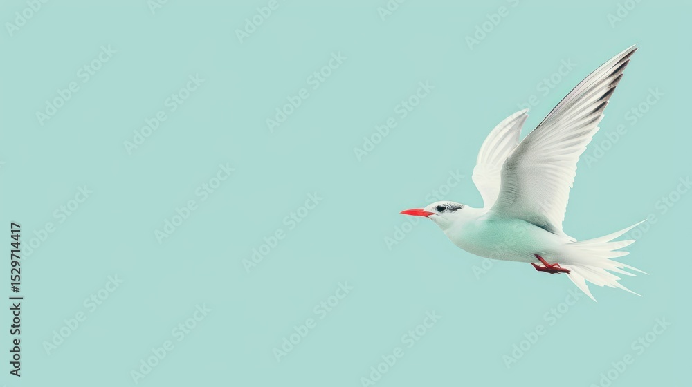 Obraz premium A single white bird with outstretched wings soaring against a pastel turquoise background.